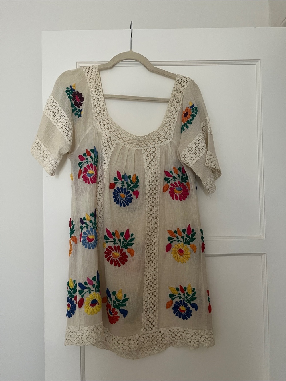 Boho Embroidered Floral Cream Peasant Top